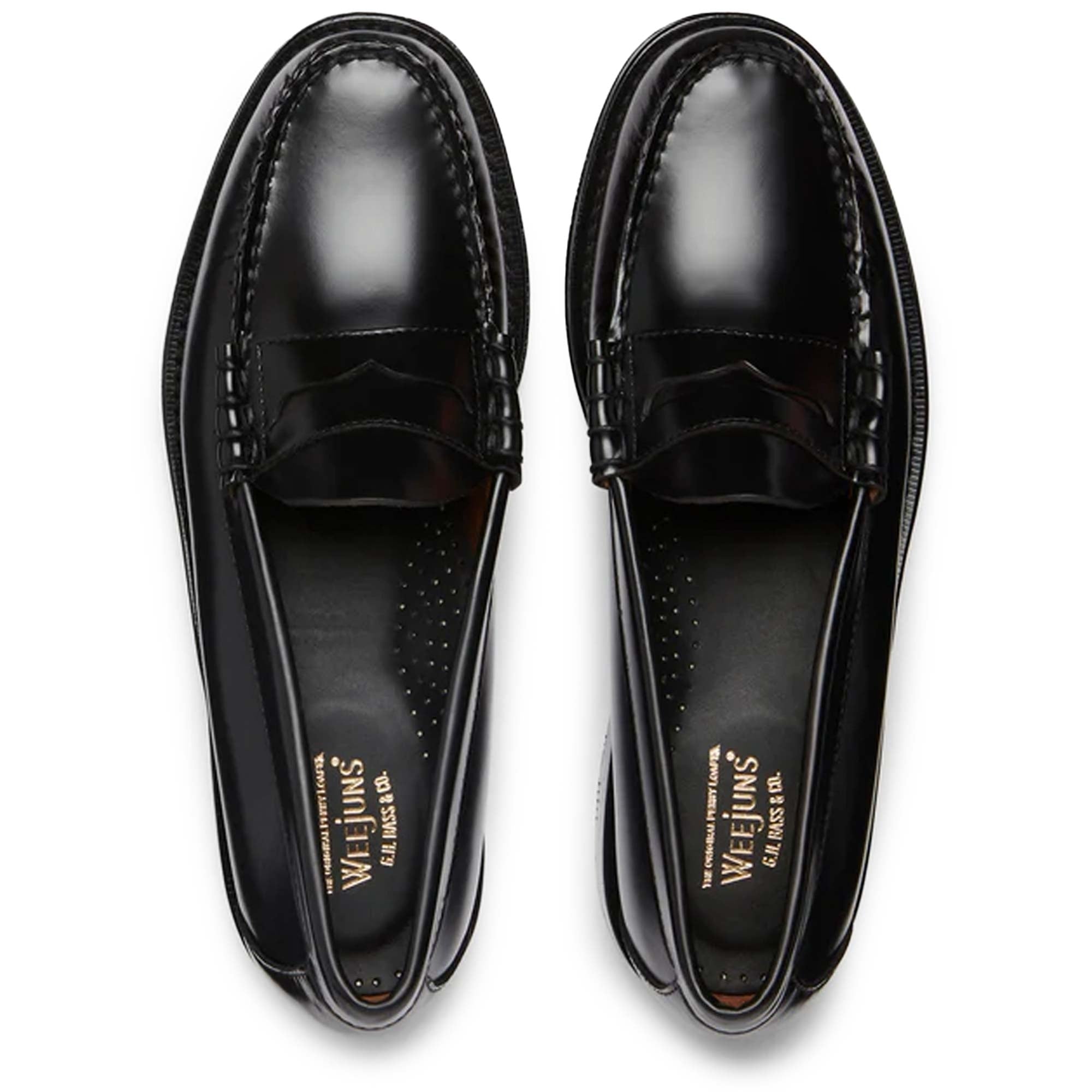 A pair of black leather Penny Loafer shoes, top view.