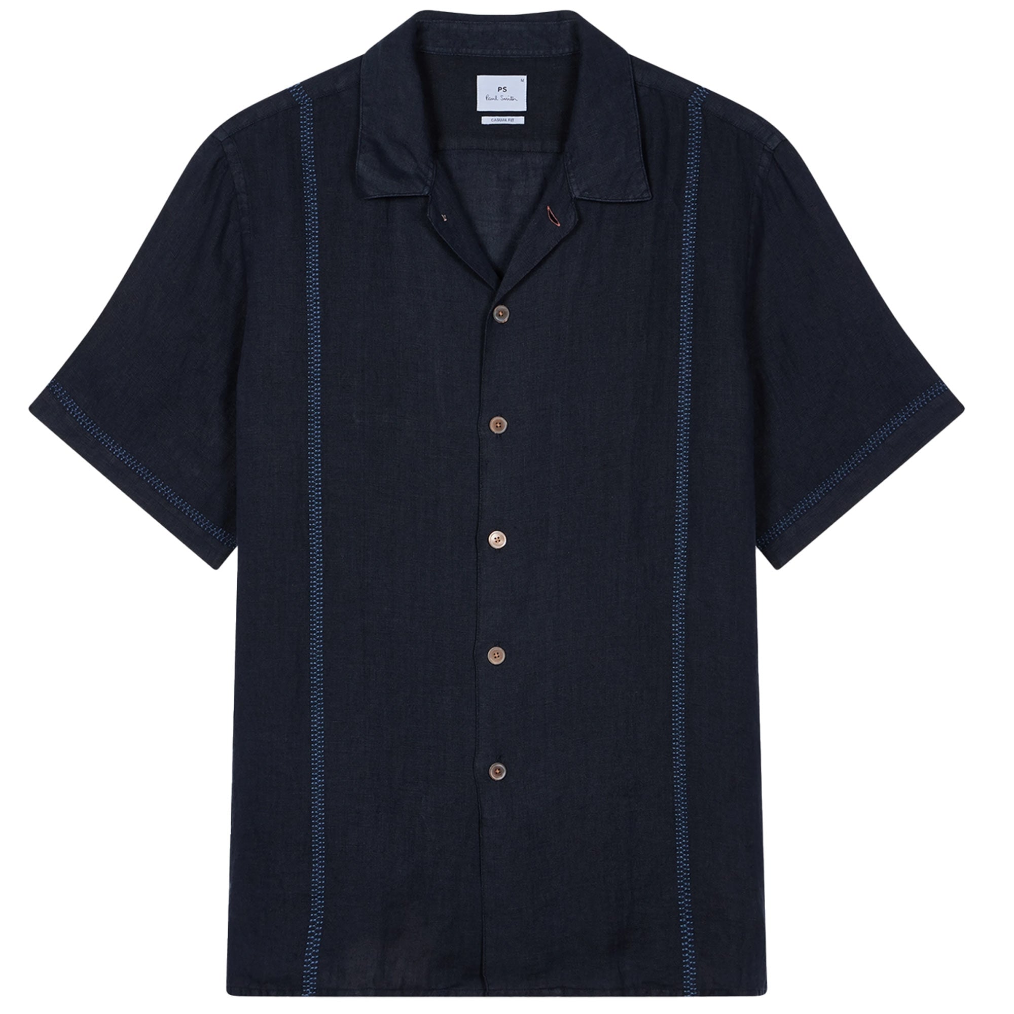 Paul Smith Linen Short-Sleeve Blanket-Stitch Shirt - Navy