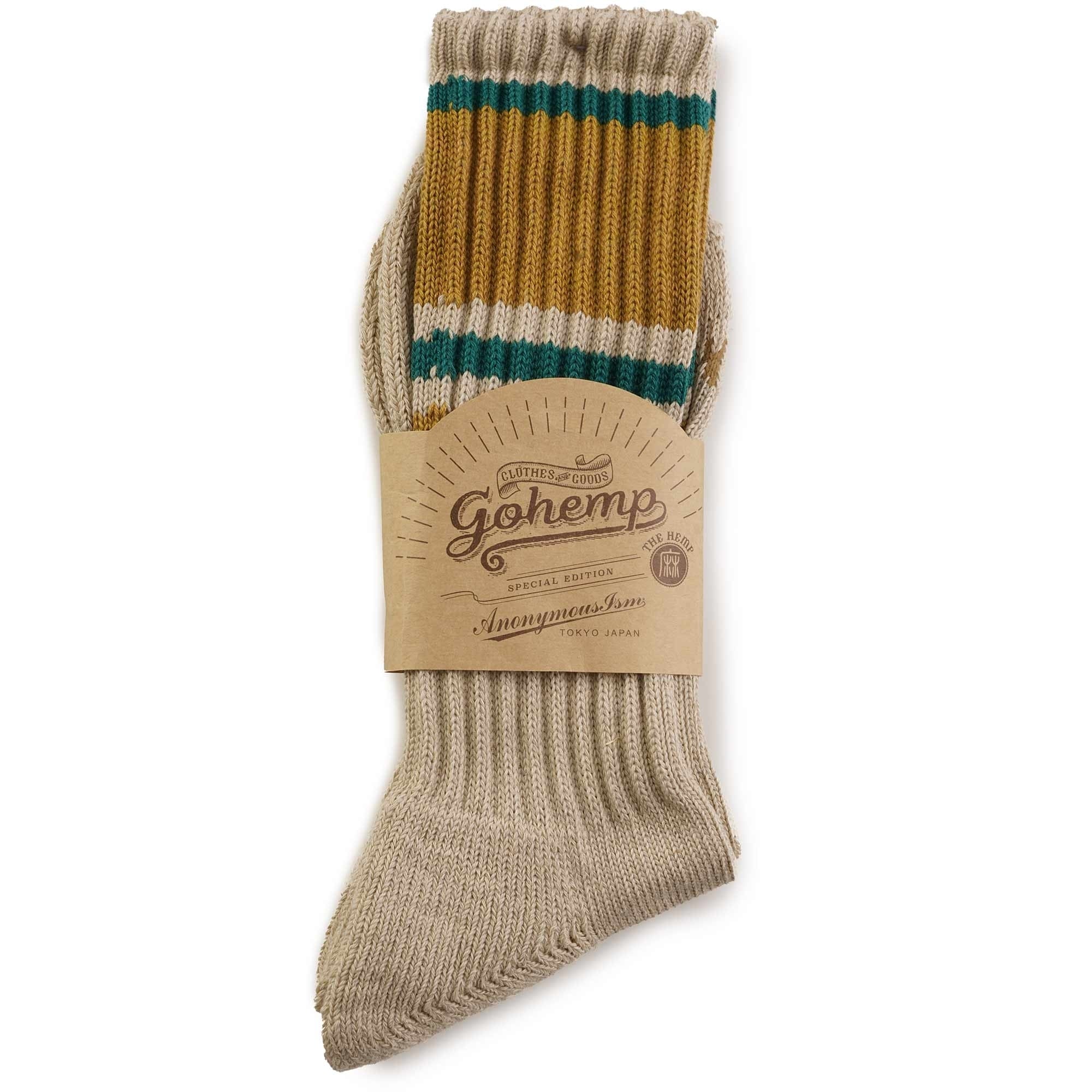 GOHEMP Random Line Pile Crew Socks - Khaki Stripe