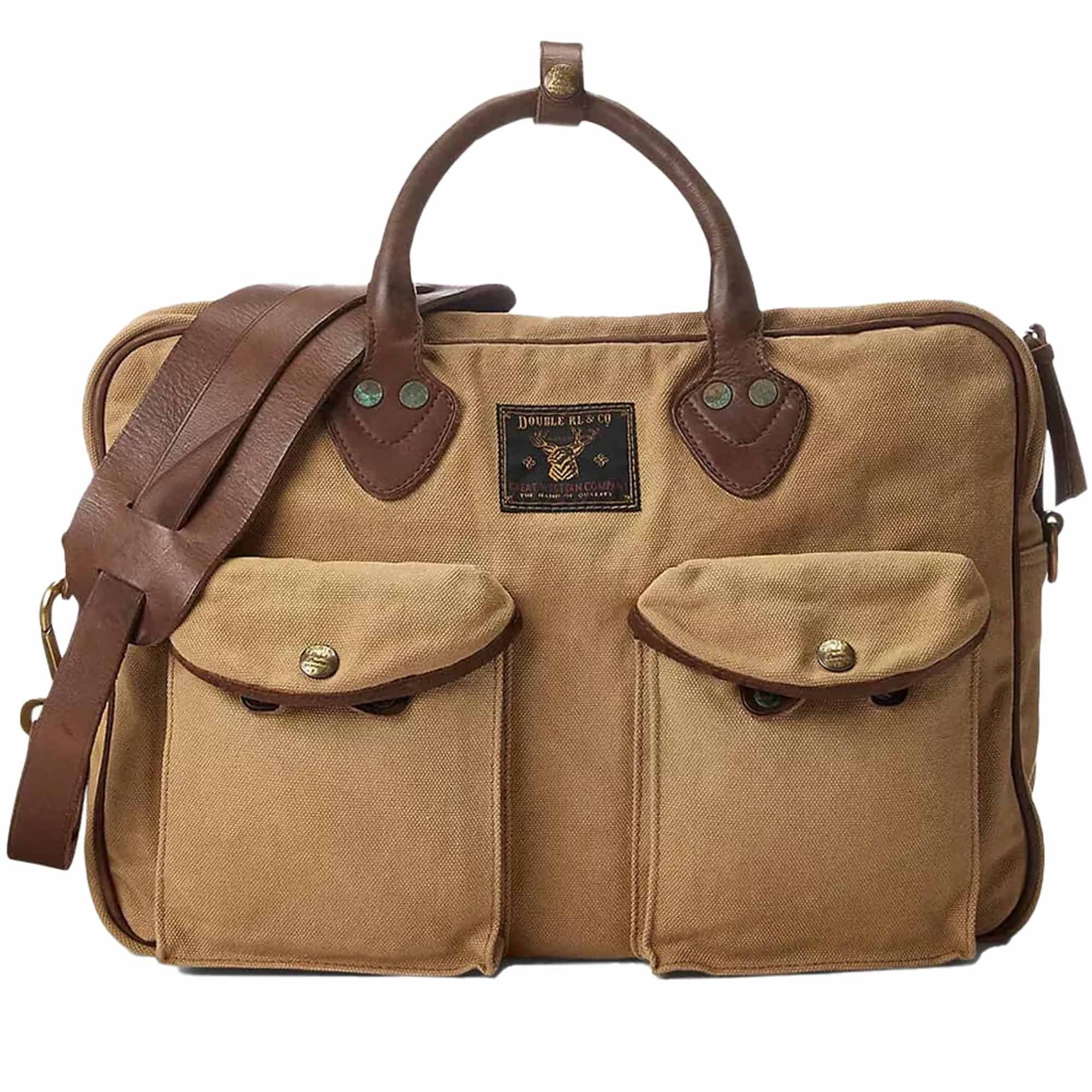 Leather-Trim Canvas Briefcase - Khaki