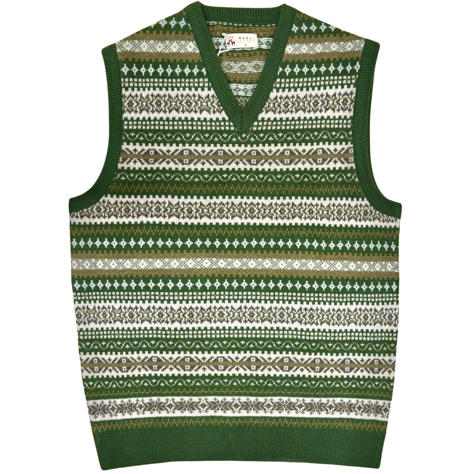 Real Hoxton Fair Isle V-Neck Slipover - Green