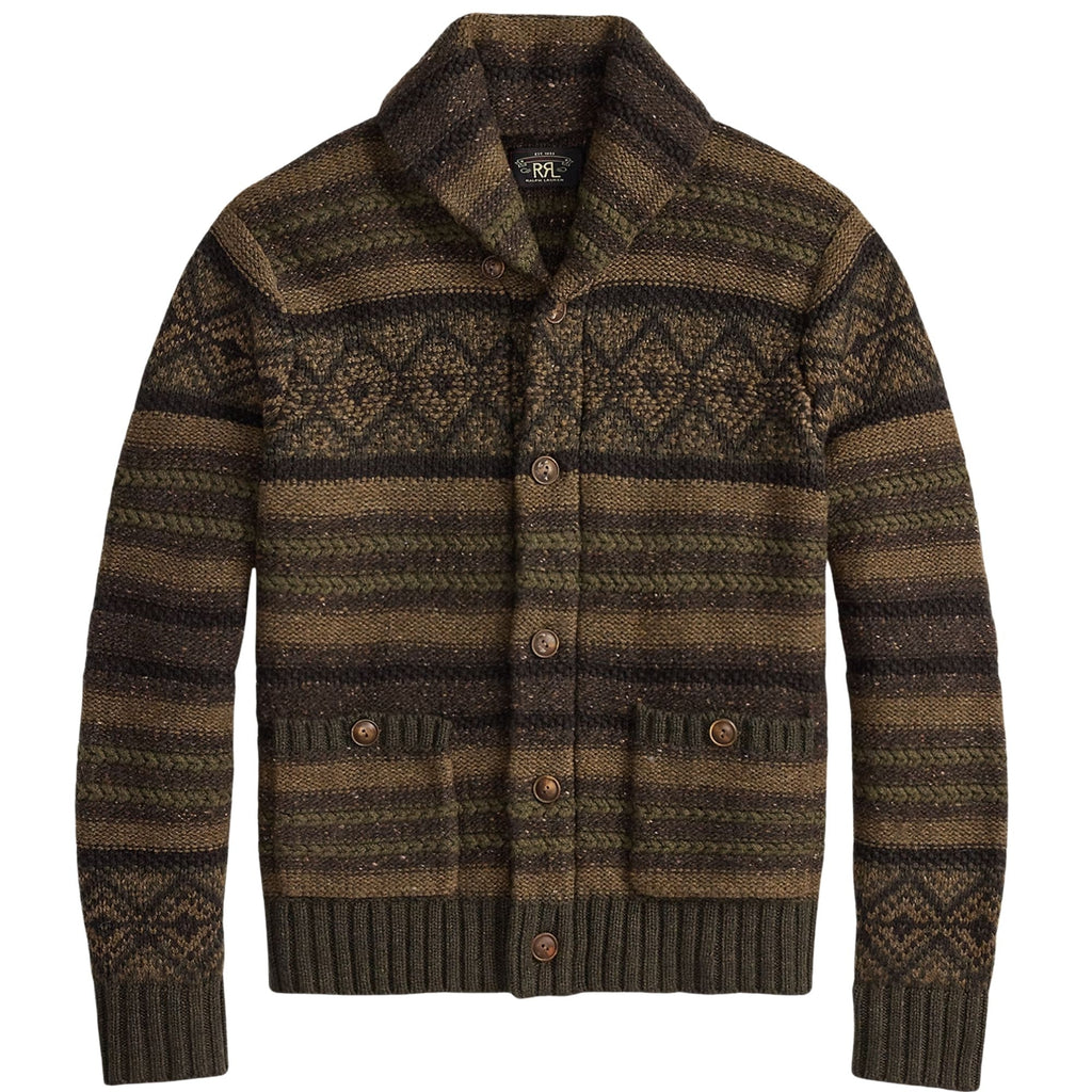 Wool-Cotton Shawl-Collar Cardigan - Brown Multi