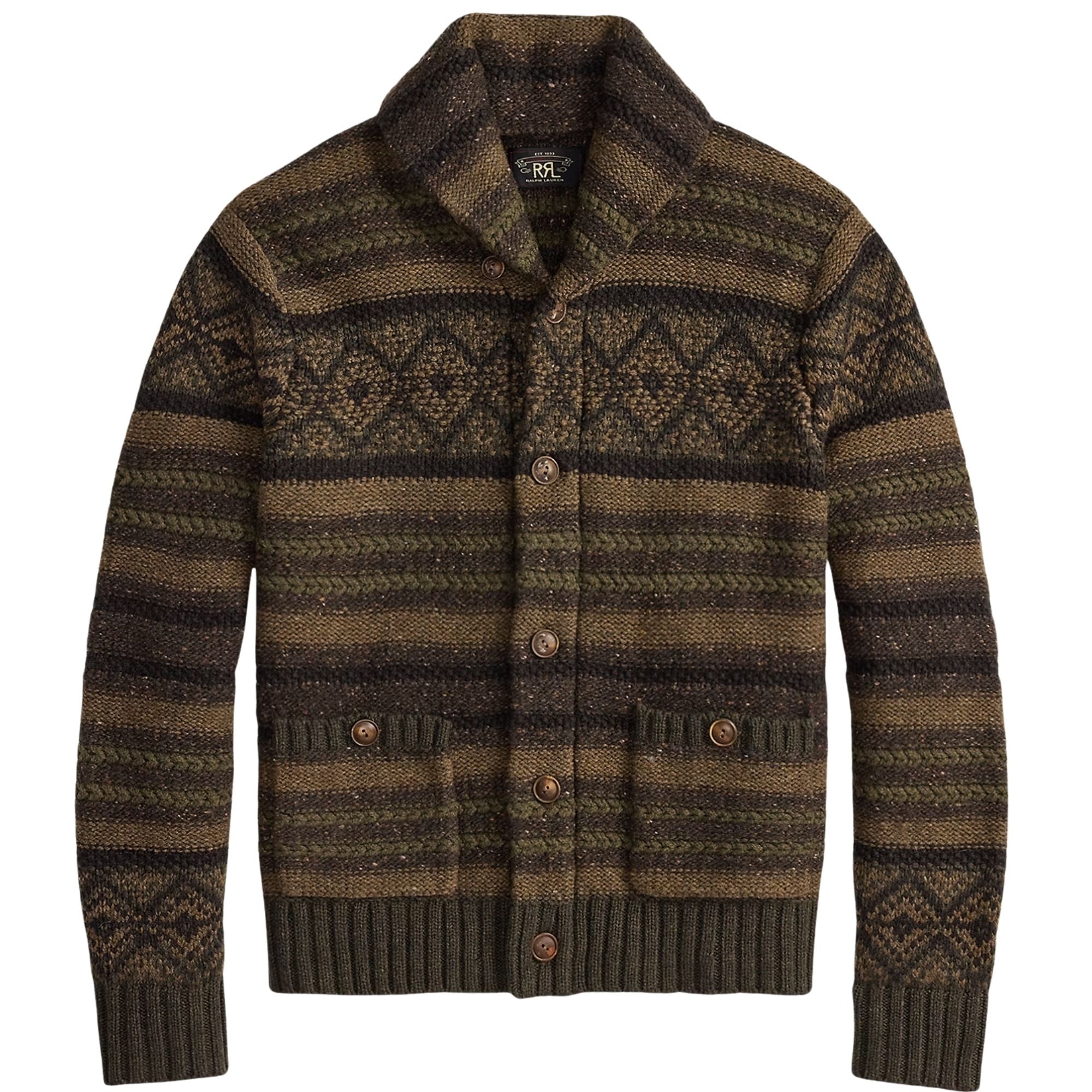 Wool-Cotton Shawl-Collar Cardigan - Brown Multi