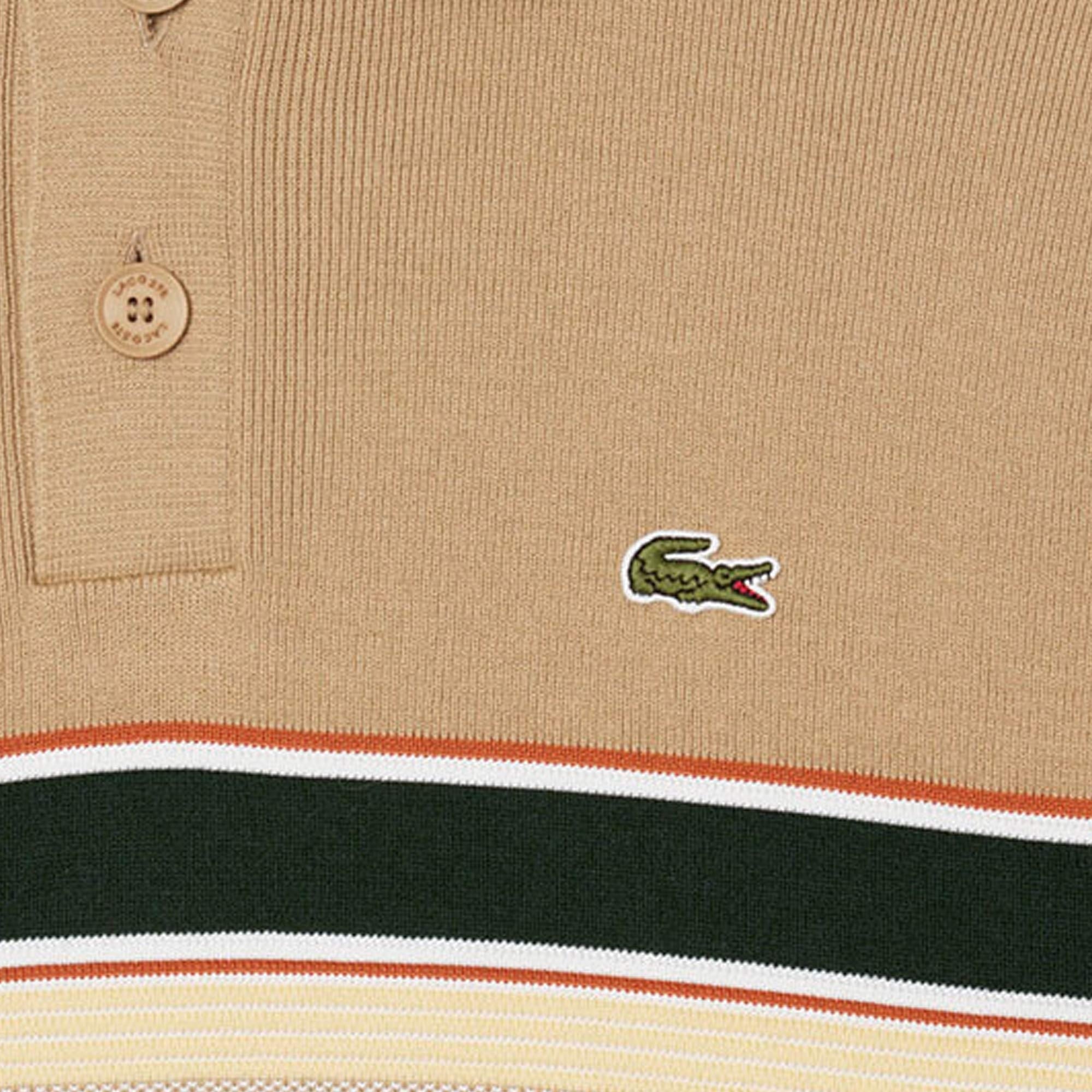 Lacoste Striped Polo Collar Sweater - Beige