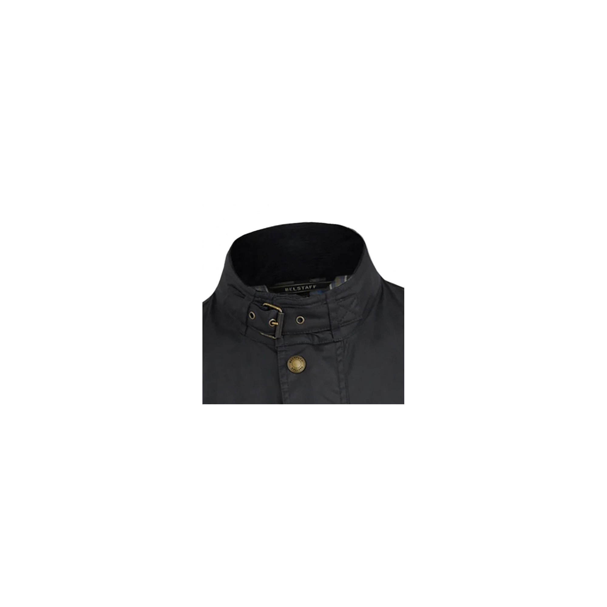 The high collar of a black jacket, with a brass buckle fastening.
