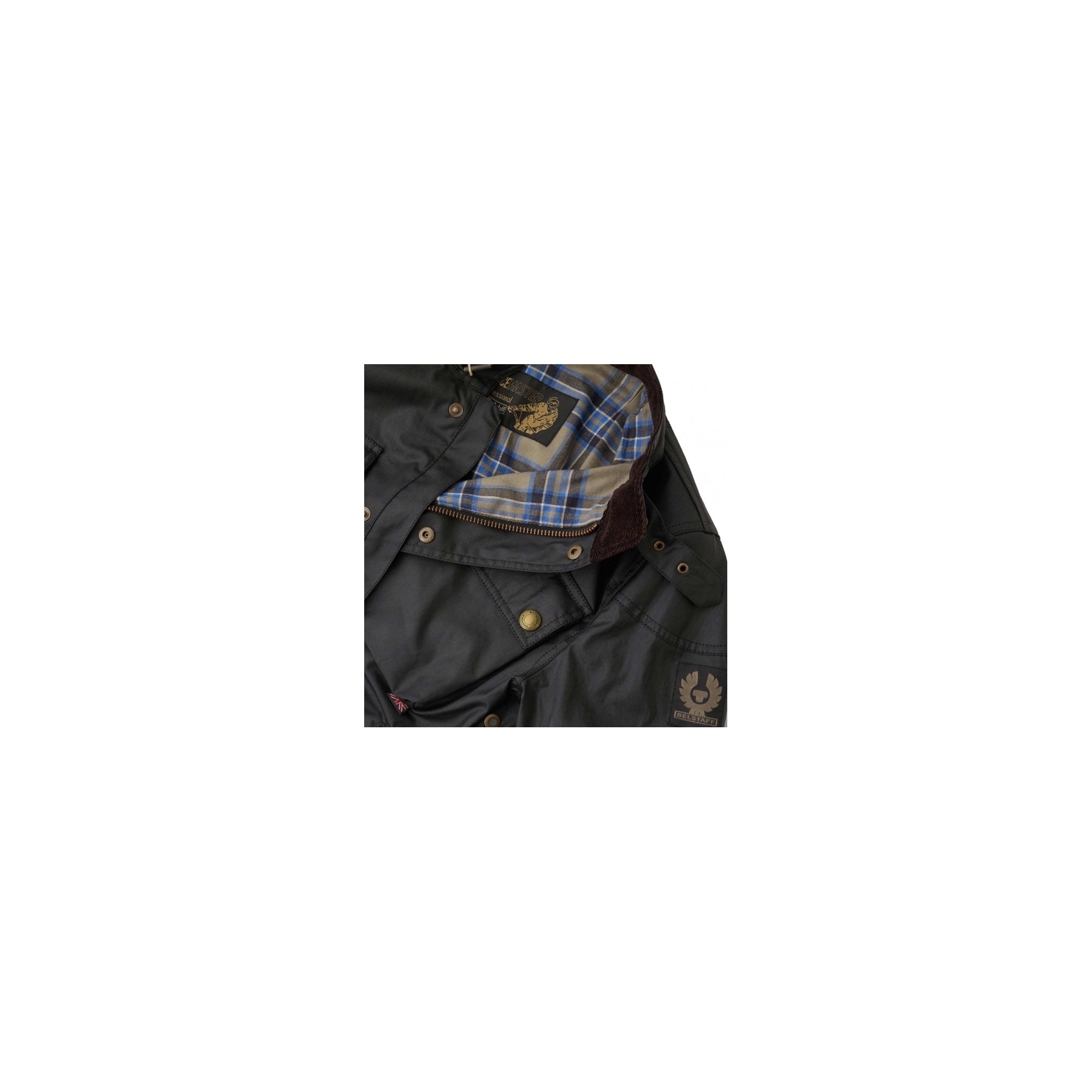 The black jacket, partially open to reveal a blue and brown tartan lining.