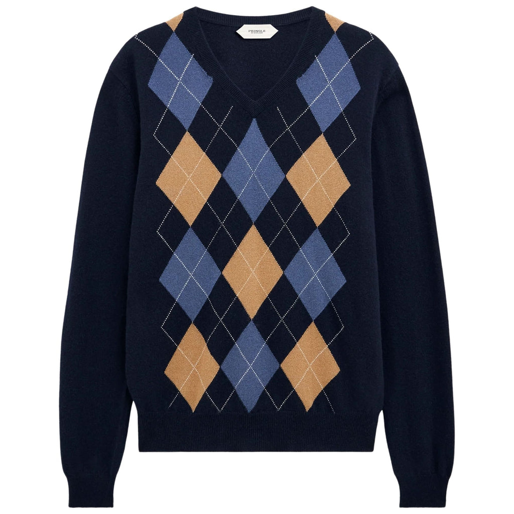 V-neck Cashmere Argyle Jumper - Navy