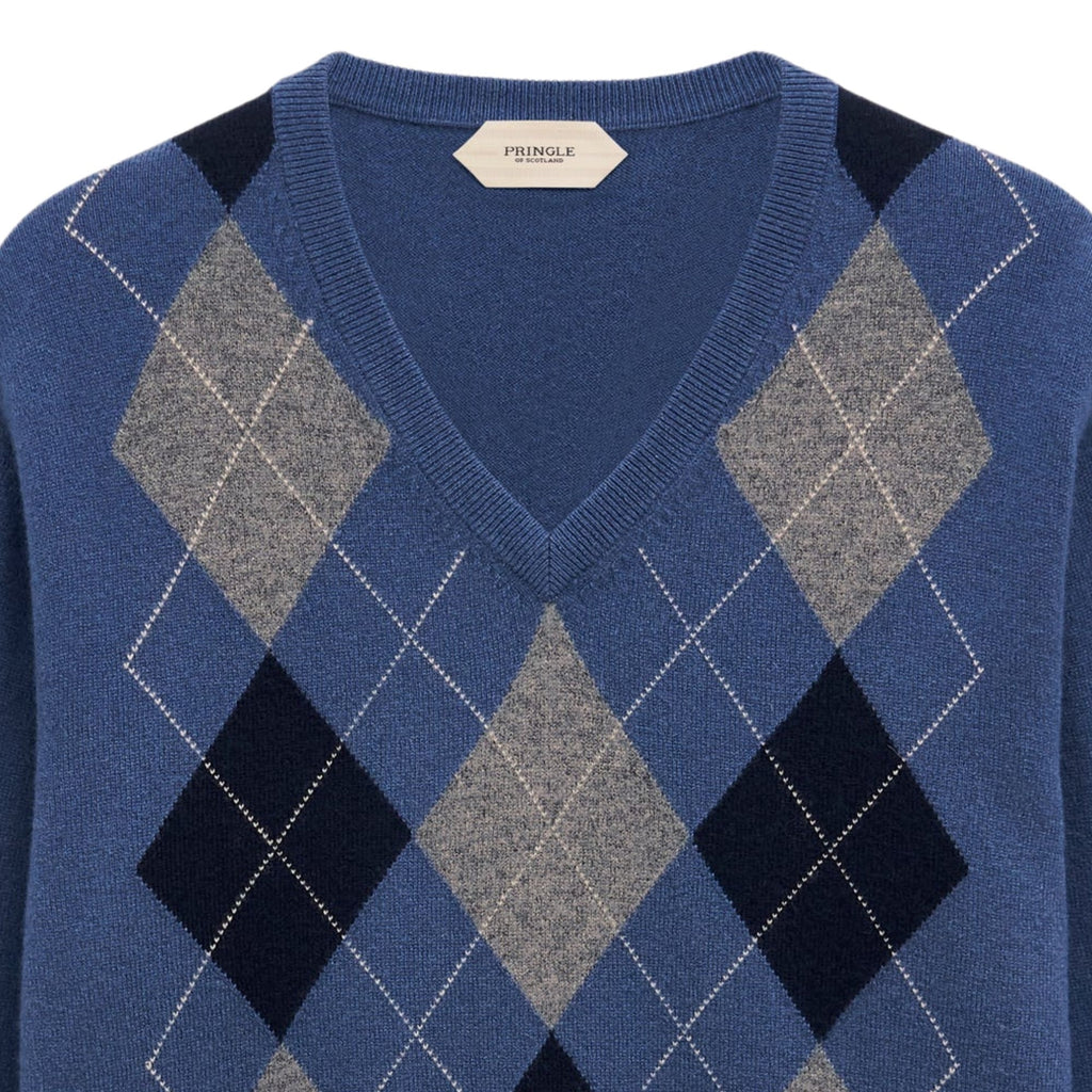 V-neck Cashmere Argyle Jumper - Blue