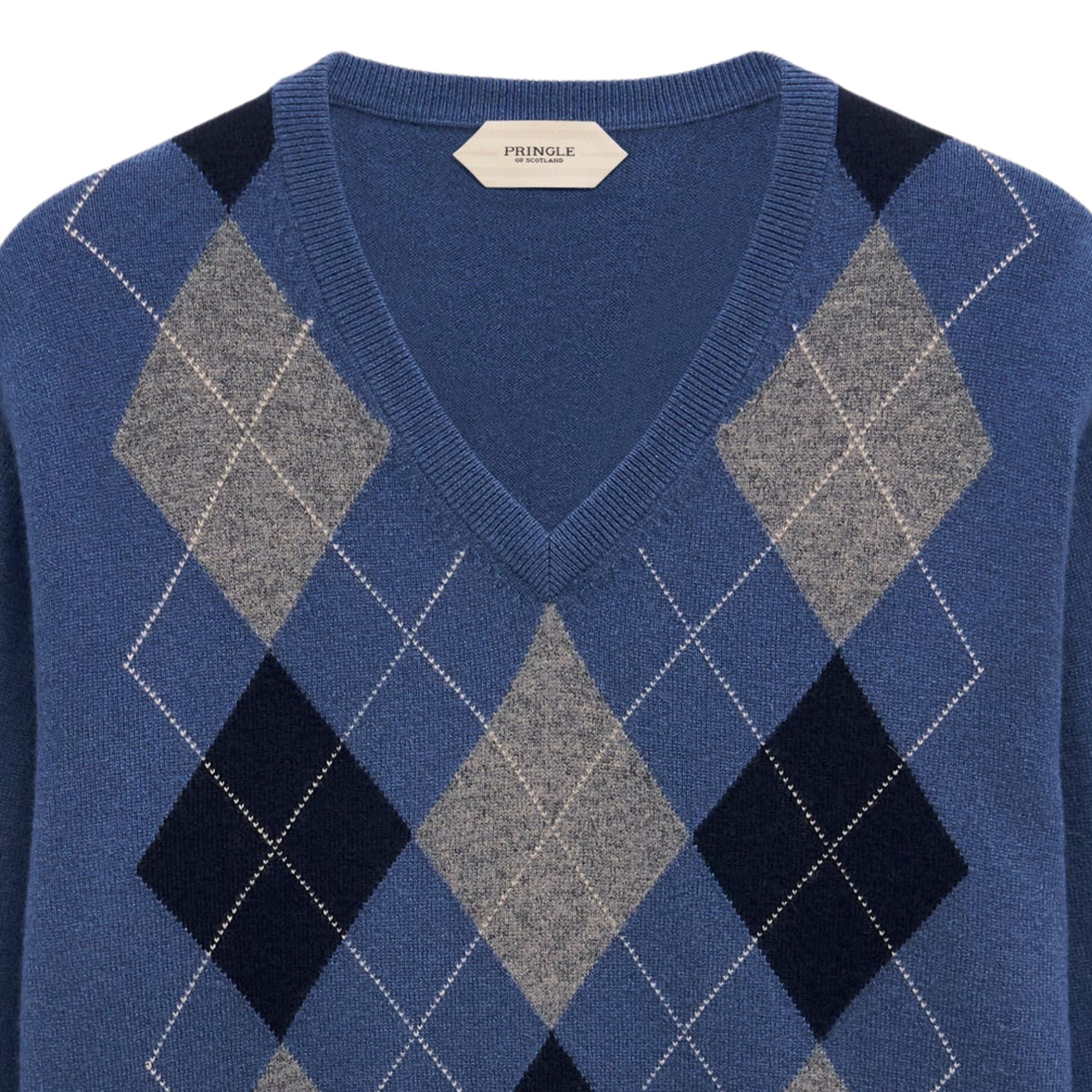 V-neck Cashmere Argyle Jumper - Blue