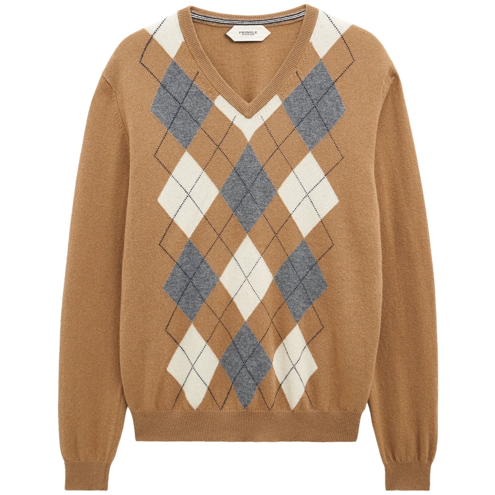 V-neck Cashmere Argyle Jumper - Camel