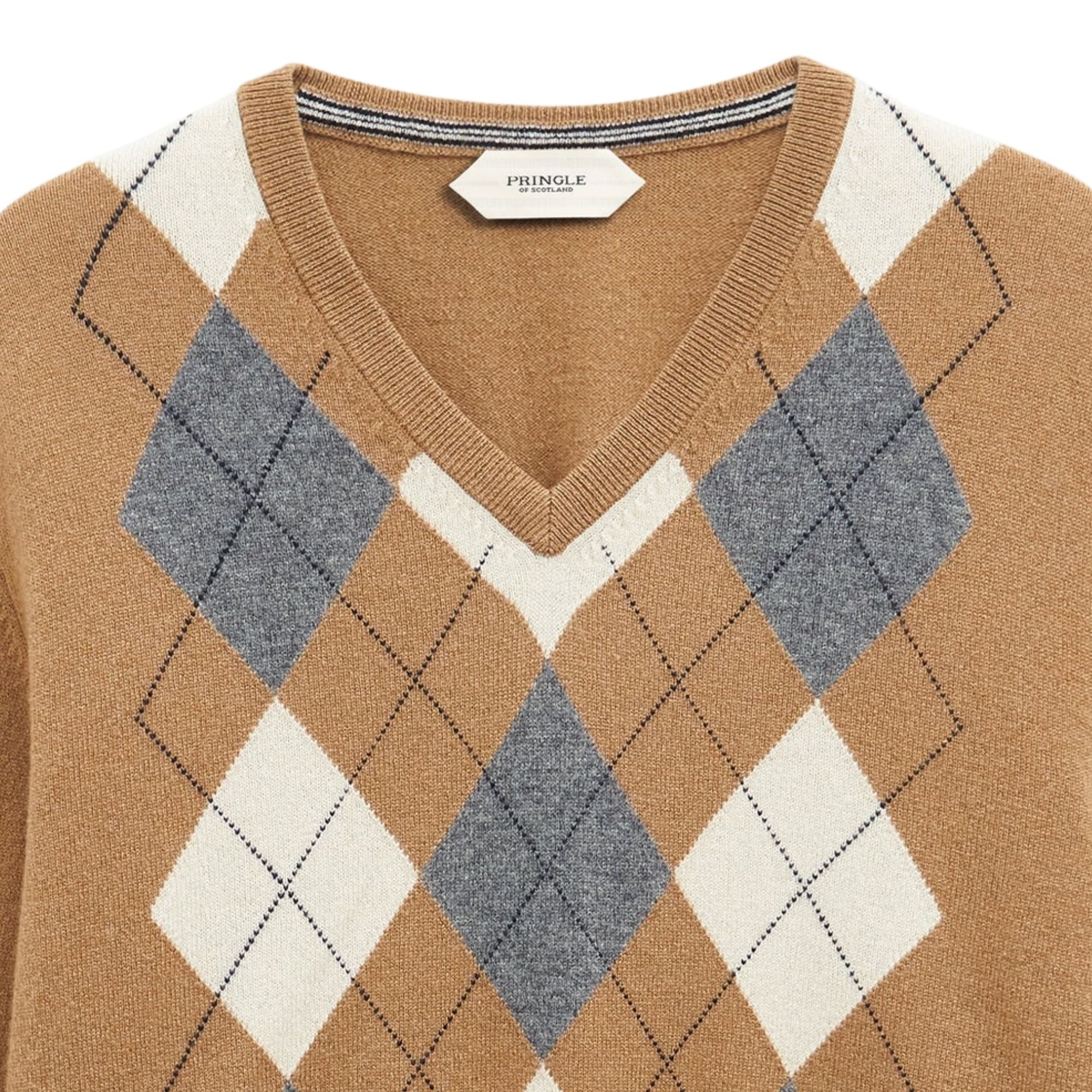 V-neck Cashmere Argyle Jumper - Camel