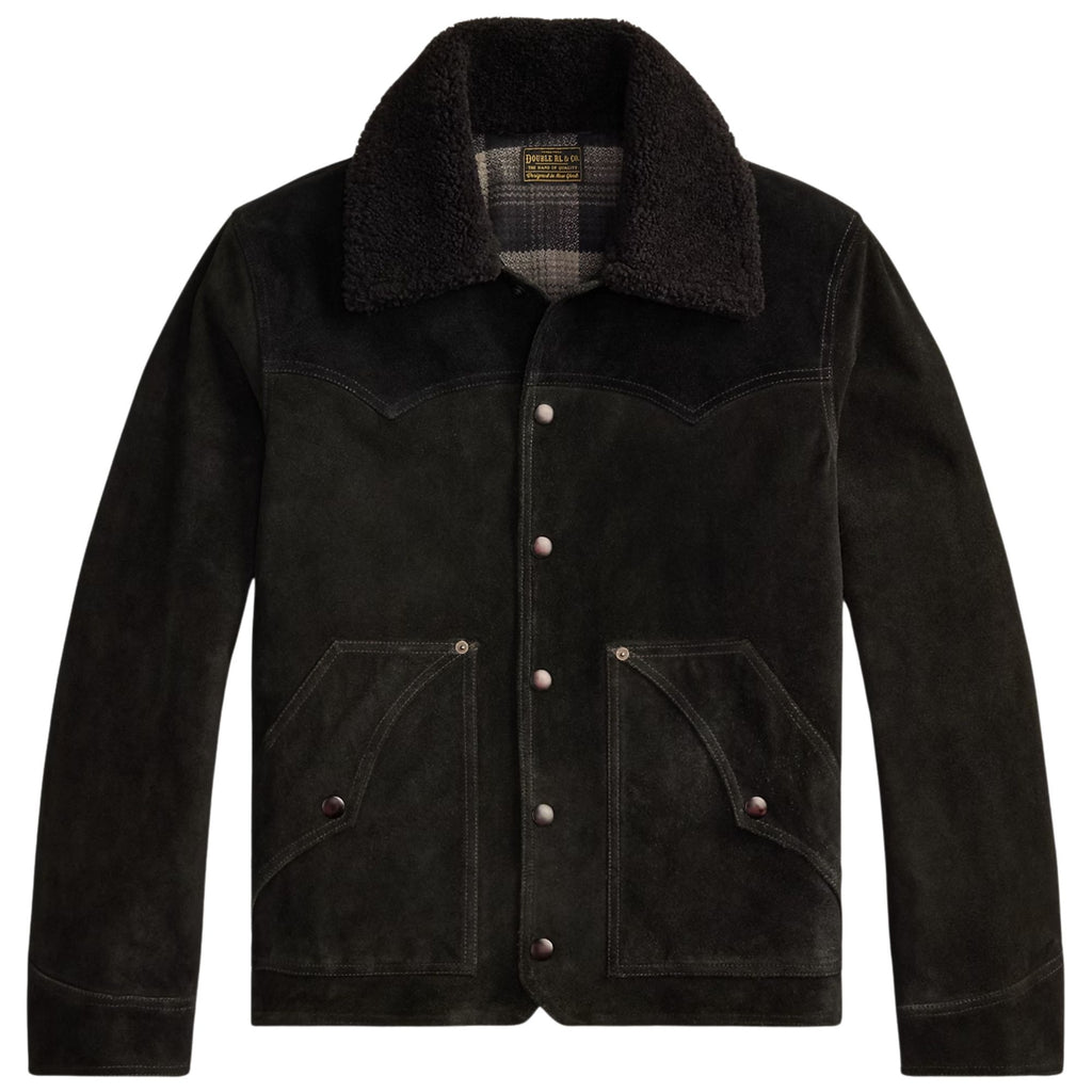 Shearling-Collar Suede Western Jacket - Black