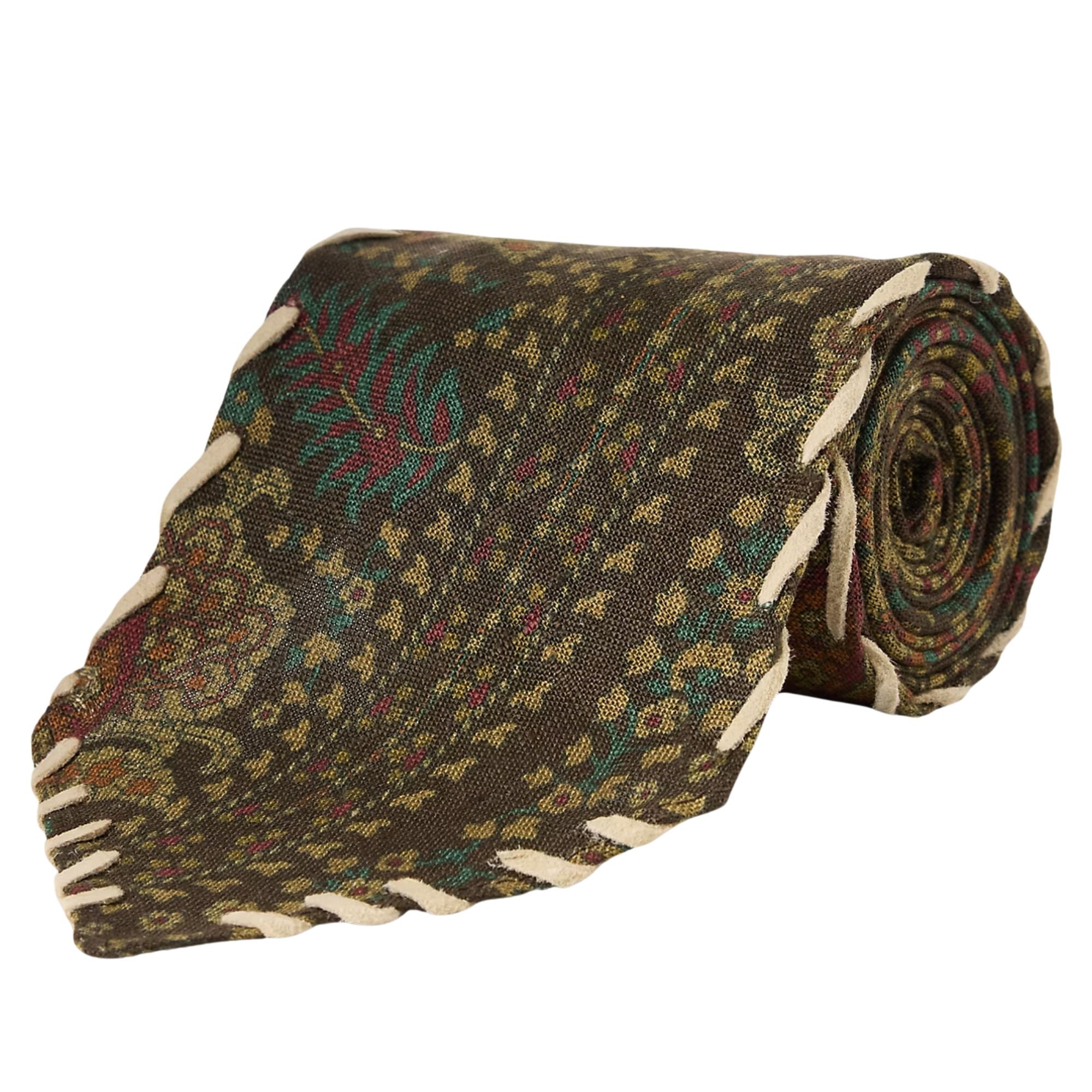 RRL by Ralph Lauren Handmade Suede-Trim Paisley Linen Tie - Brown