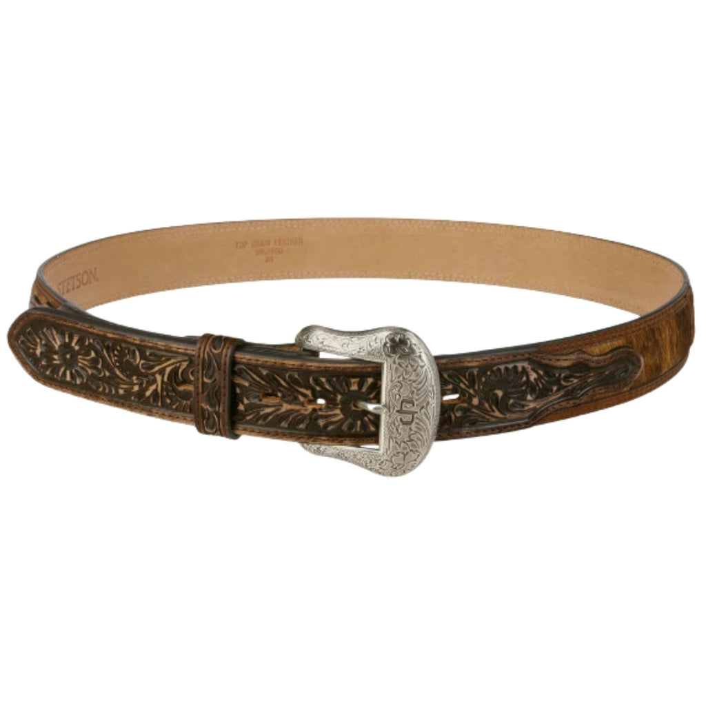 Stetson Hats Hair-on-Hide Tooled Leather Belt - Brown