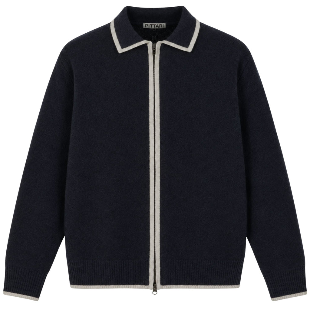 Pittari Lambswool Catch Full Zip Sweater - Navy/Ecru