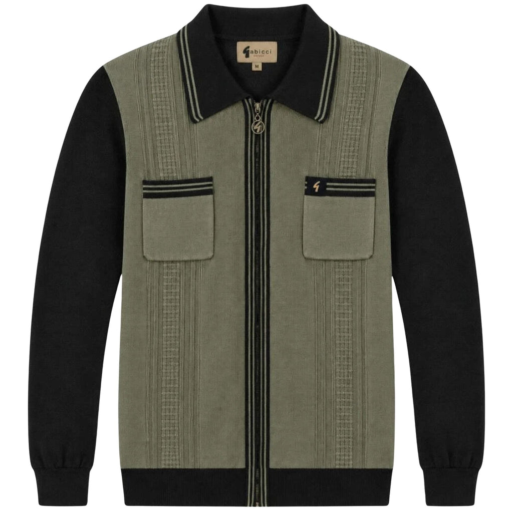 Gabicci Vintage Lucerne Long Sleeve Zip Thru Knit Polo - Khaki/Black