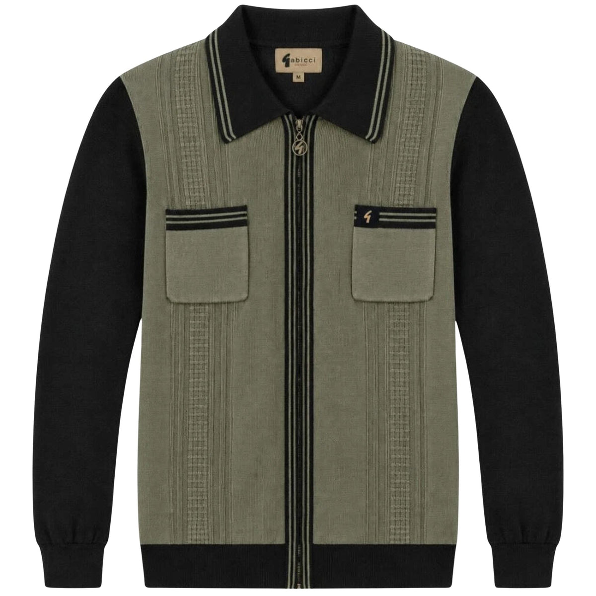 Gabicci Vintage Lucerne Long Sleeve Zip Thru Knit Polo - Khaki/Black