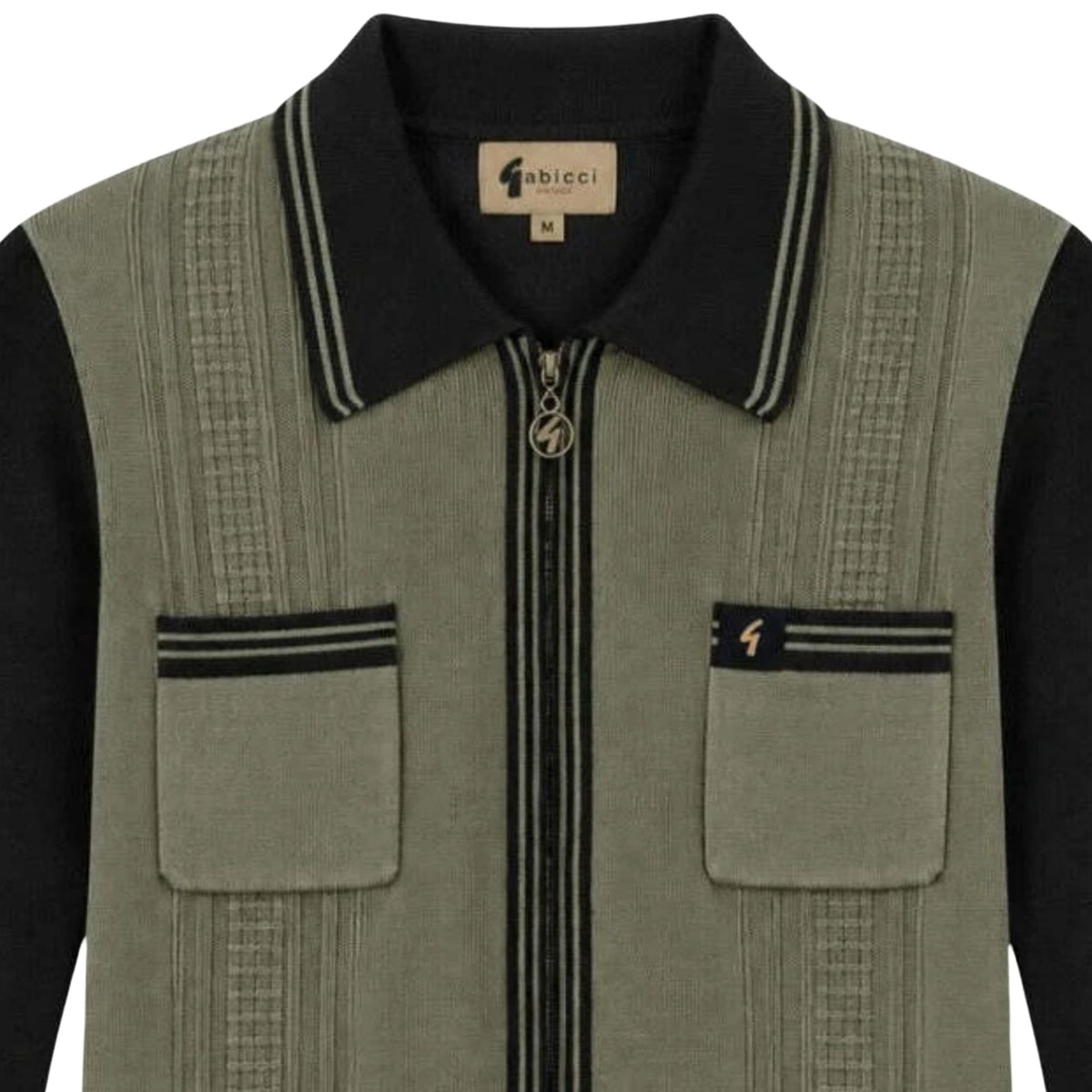 Gabicci Vintage Lucerne Long Sleeve Zip Thru Knit Polo - Khaki/Black