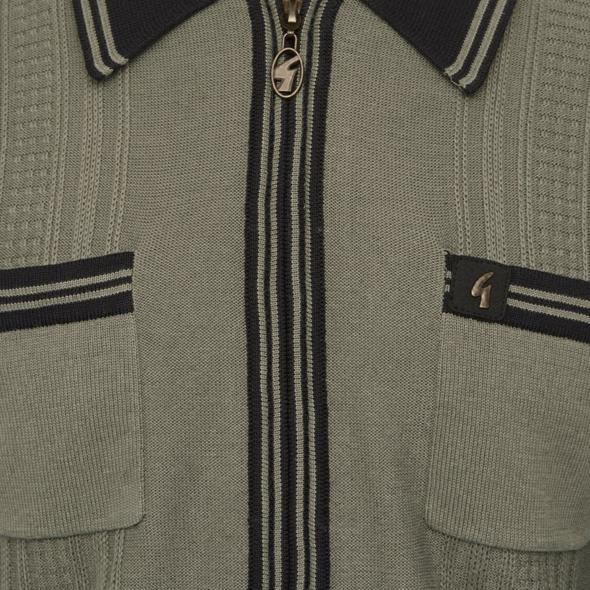 Gabicci Vintage Lucerne Long Sleeve Zip Thru Knit Polo - Khaki/Black