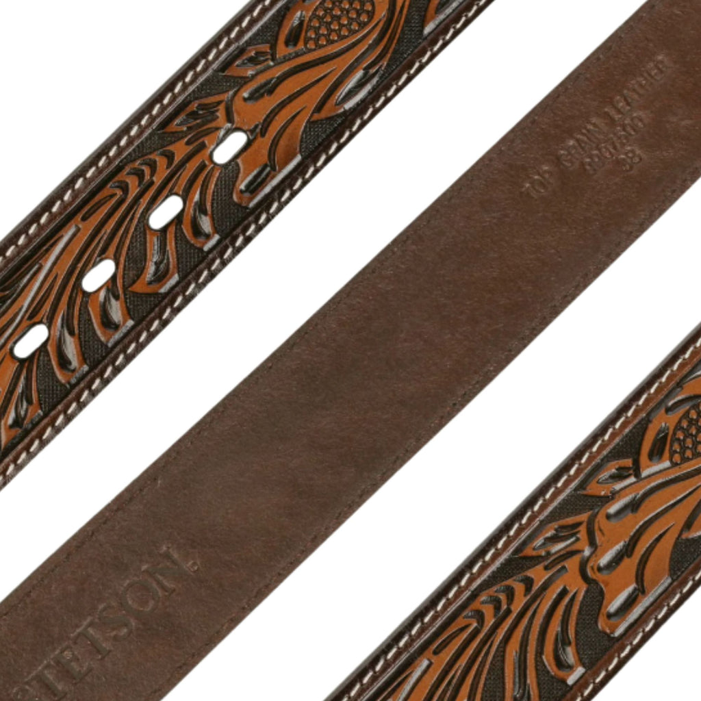 Stetson Hats Tooled Dark Leather Belt - Brown