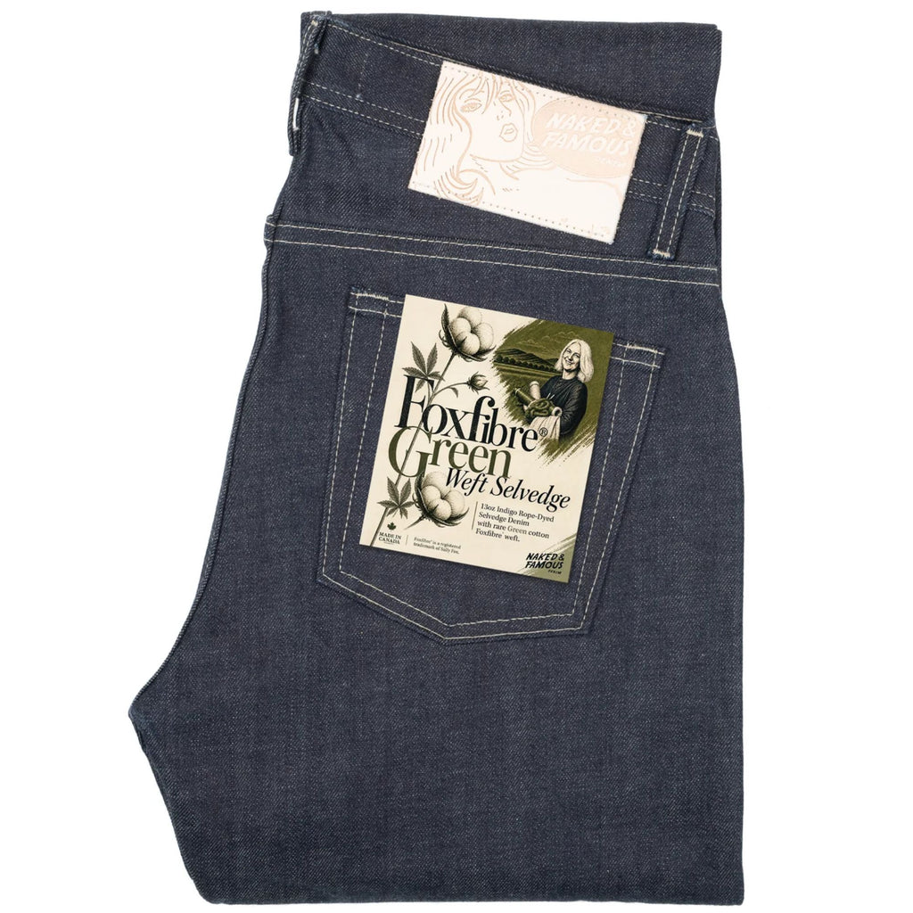 Naked and Famous Denim Weird Guy Fox Fibre Green Weft - Indigo