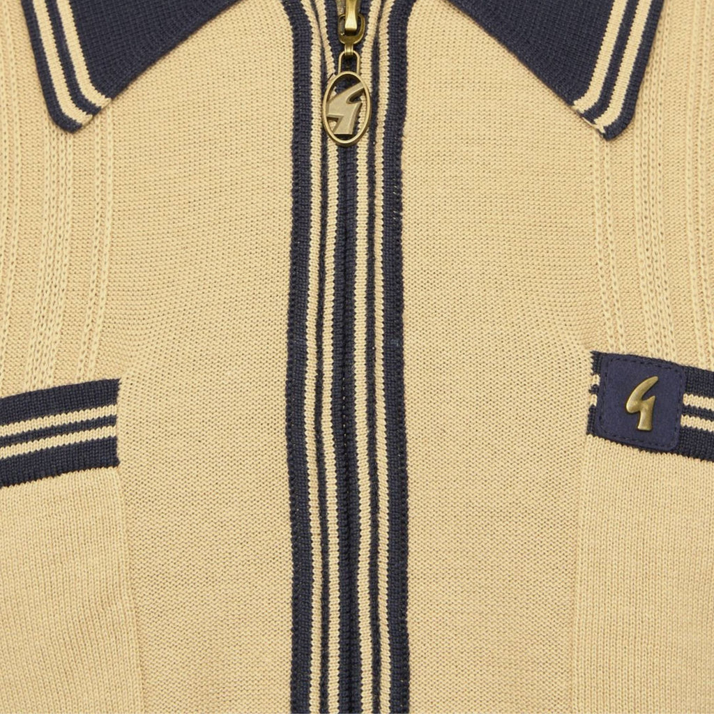 Gabicci Vintage Lucerne Long Sleeve Zip Thru Knit - Beige/Navy