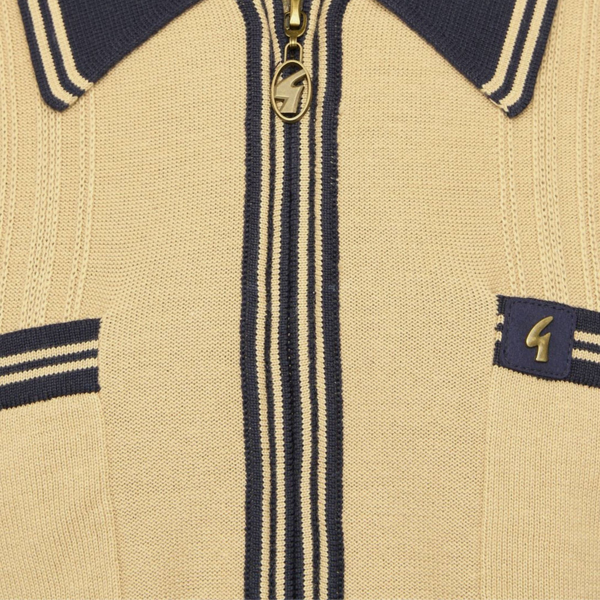 Gabicci Vintage Lucerne Long Sleeve Zip Thru Knit - Beige/Navy