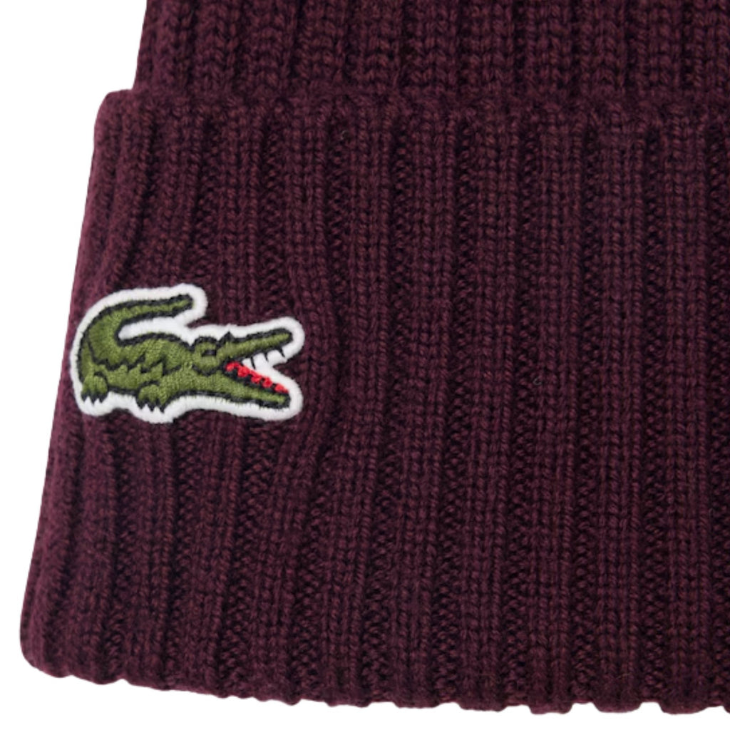 Lacoste Rib Knit Brushed Wool Beanie - Dark Burgundy