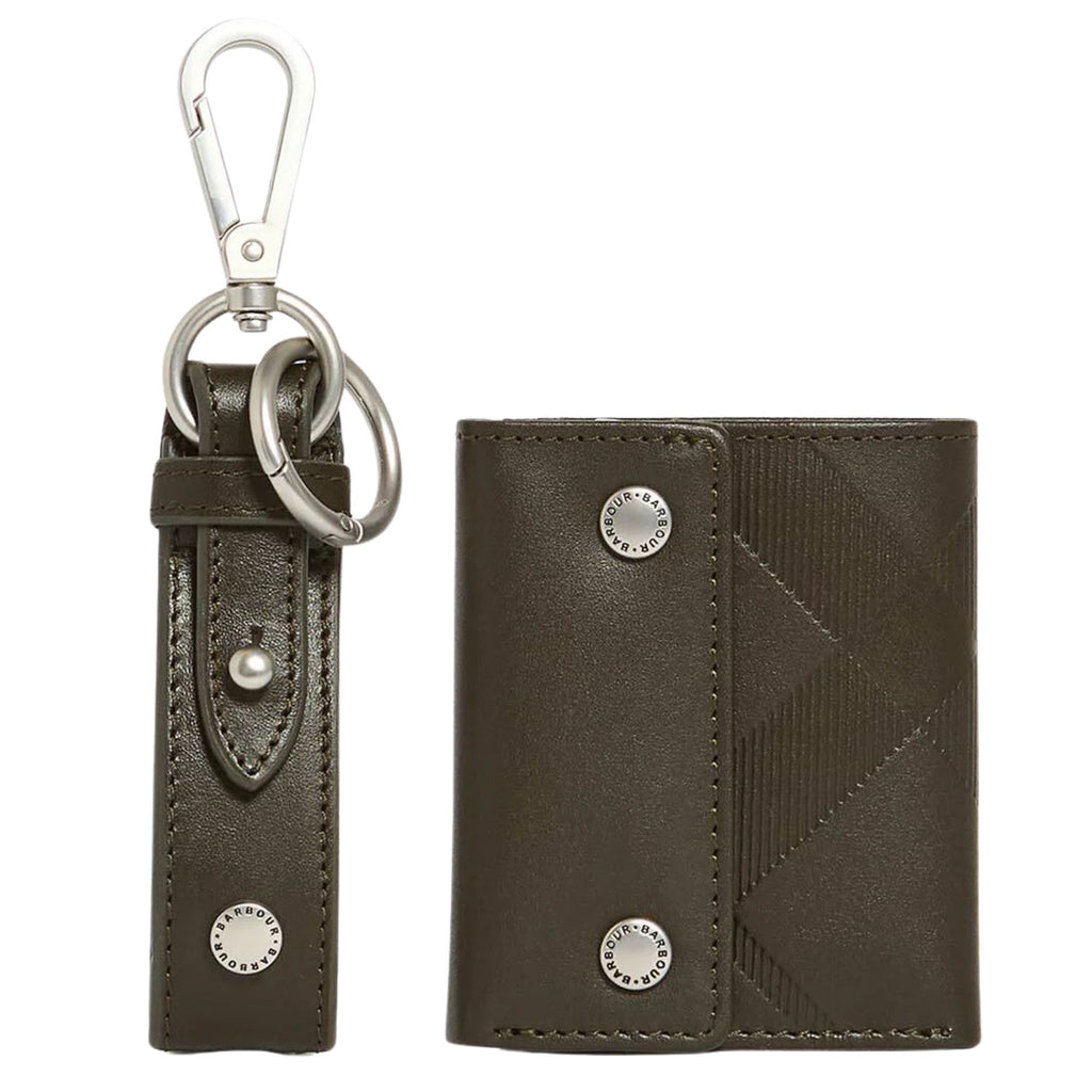 Barbour Brunton Leather Wallet & Keychain Gift Set - Dark Olive